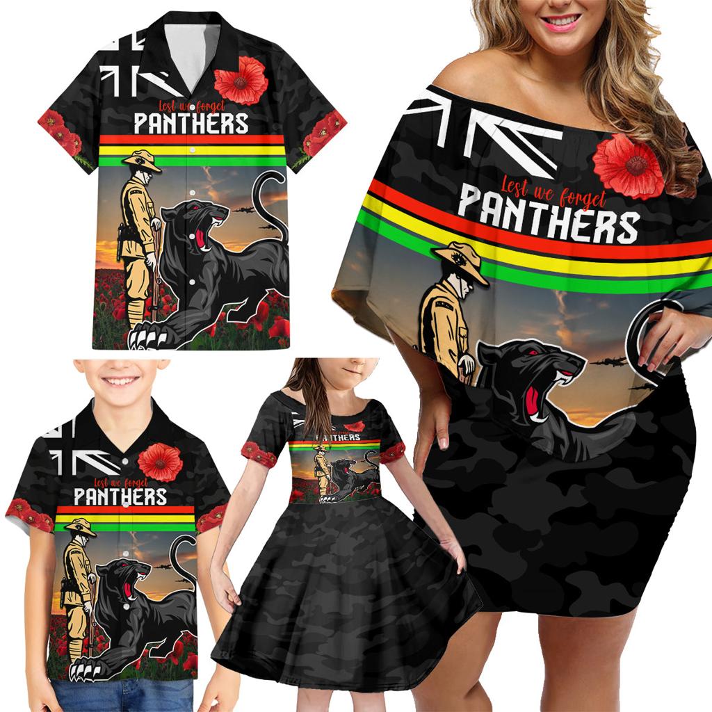 Custom Panthers Rugby ANZAC Day Family Matching Off Shoulder Short Dress and Hawaiian Shirt Soldiers Poppy Field 2024