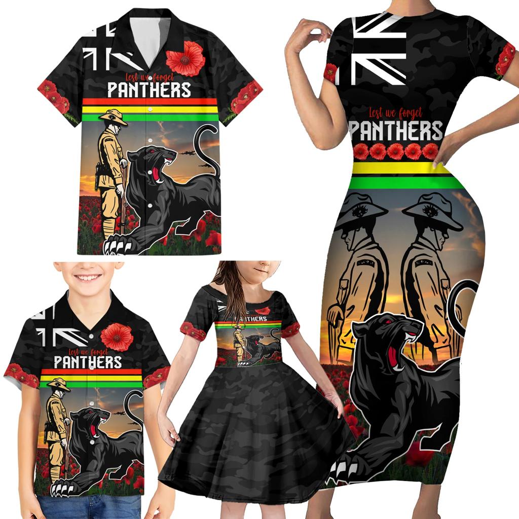 Custom Panthers Rugby ANZAC Day Family Matching Short Sleeve Bodycon Dress and Hawaiian Shirt Soldiers Poppy Field 2024