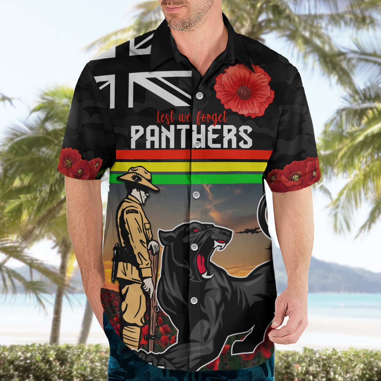 Custom Panthers Rugby ANZAC Day Hawaiian Shirt Soldiers Poppy Field 2024