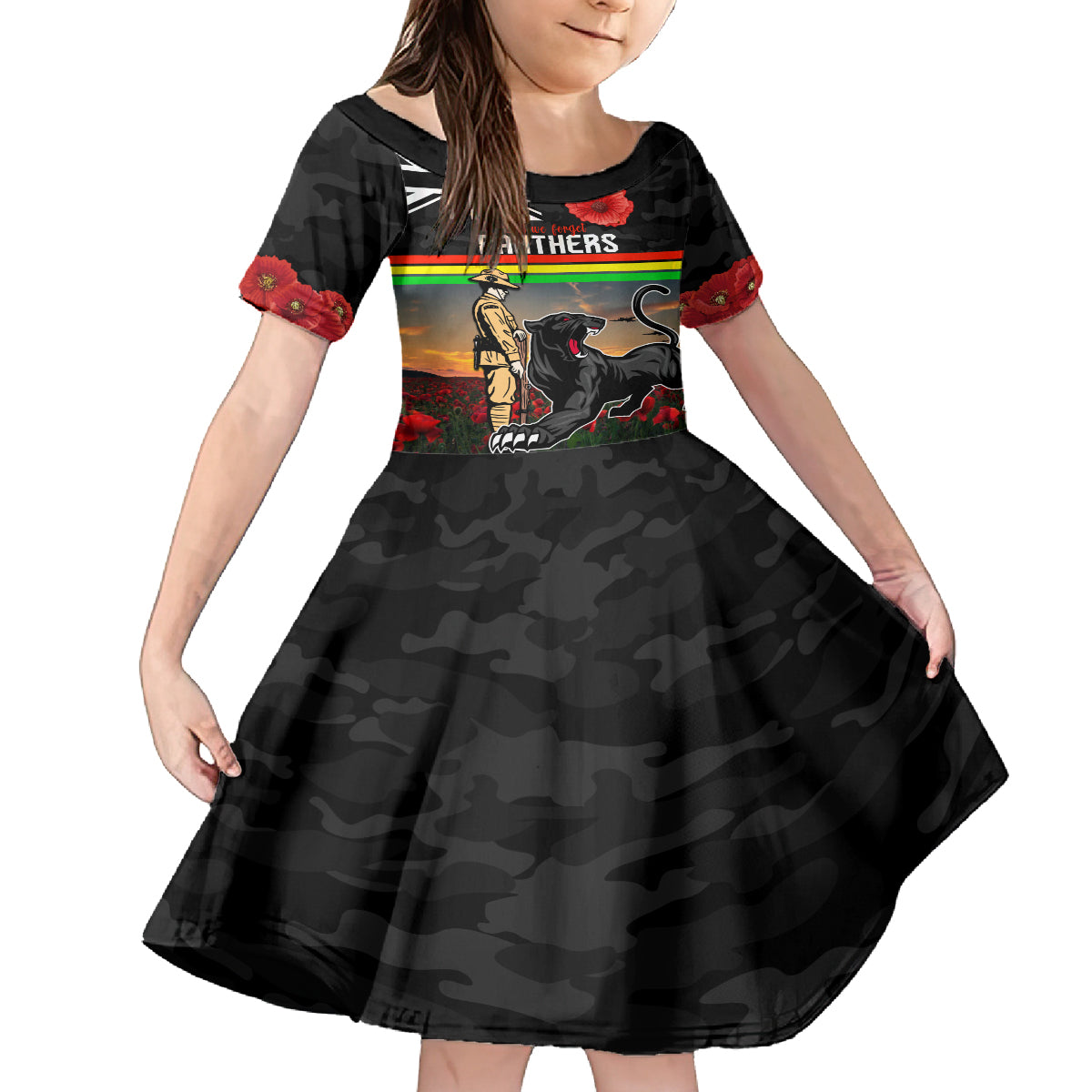 Custom Panthers Rugby ANZAC Day Kid Short Sleeve Dress Soldiers Poppy Field 2024