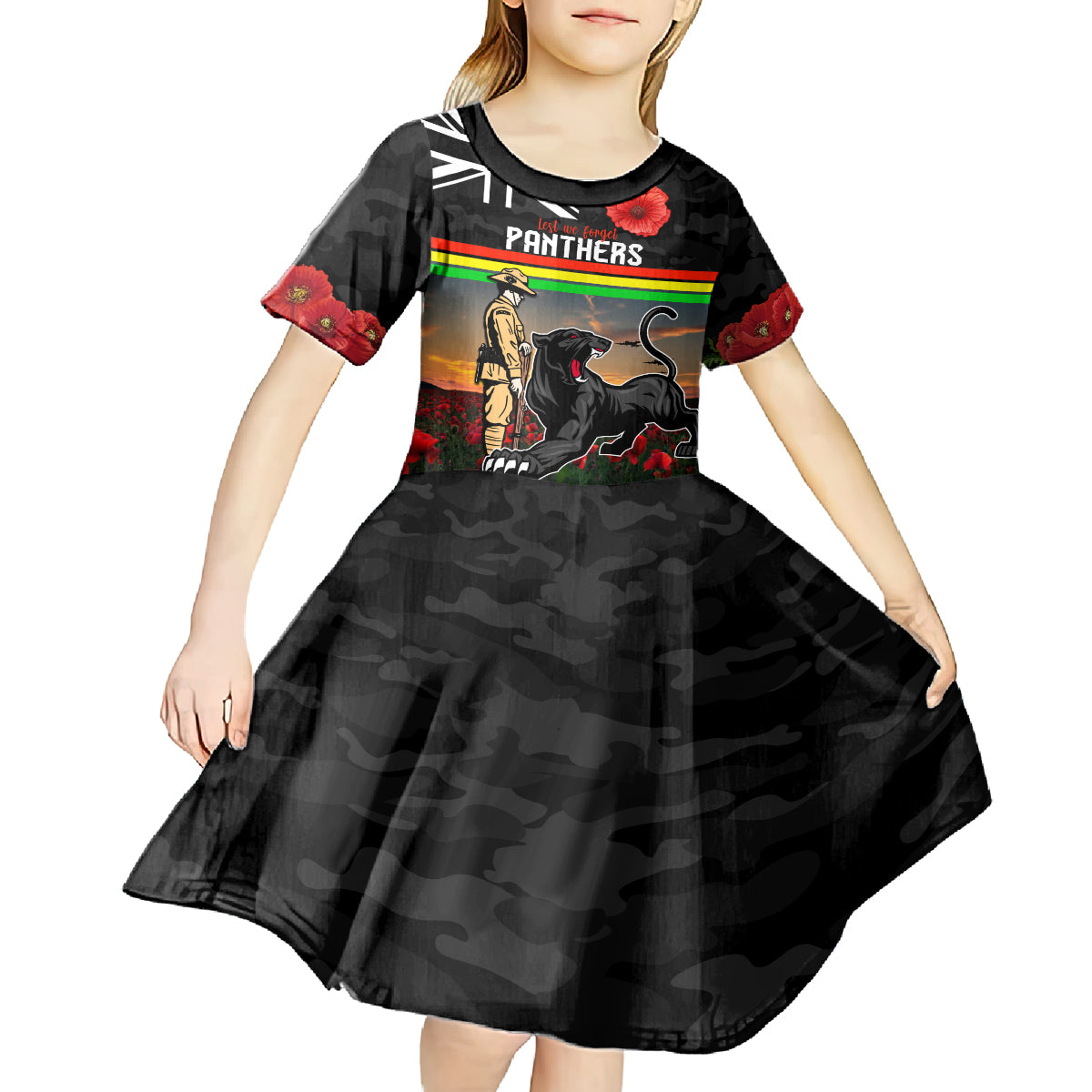 Custom Panthers Rugby ANZAC Day Kid Short Sleeve Dress Soldiers Poppy Field 2024