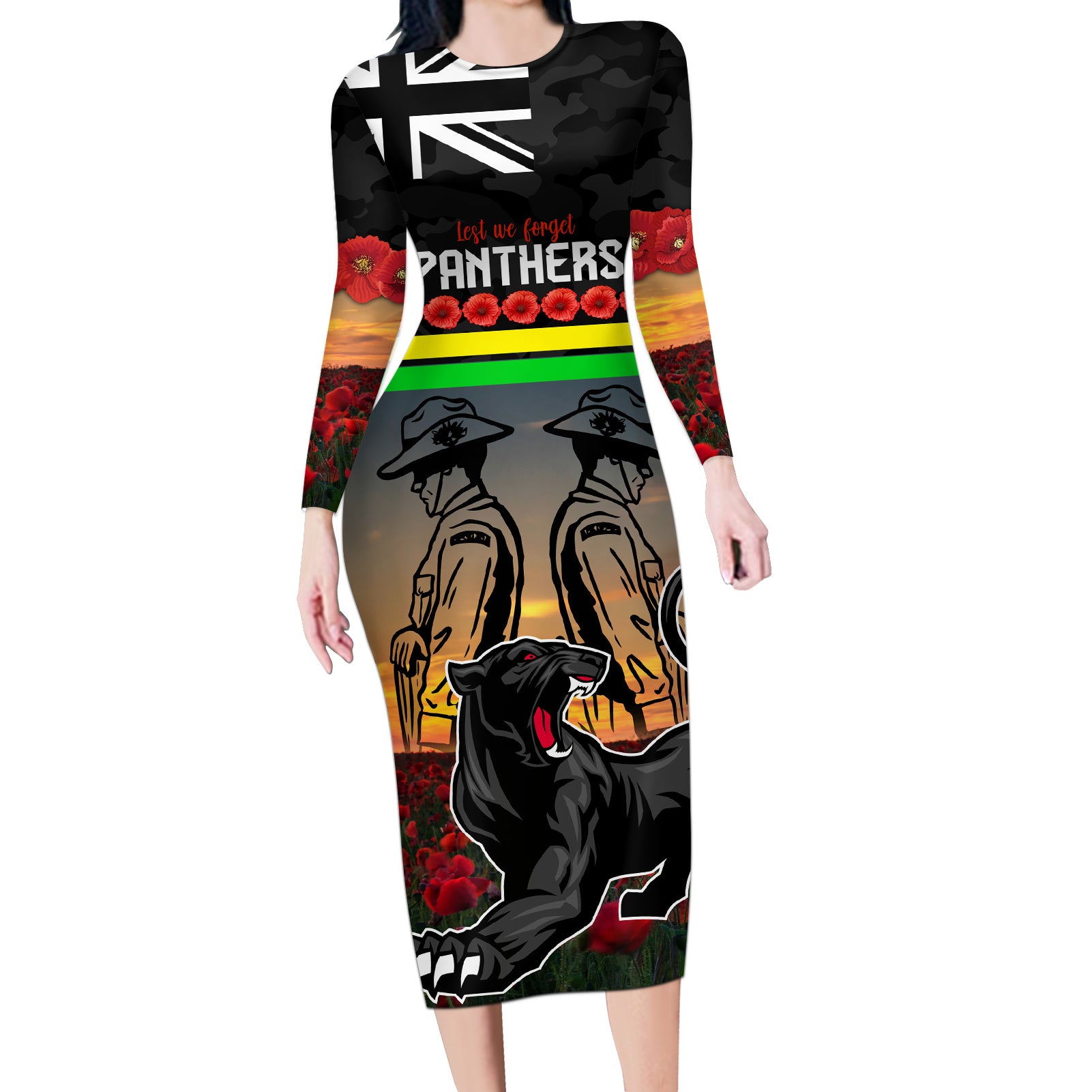 Custom Panthers Rugby ANZAC Day Long Sleeve Bodycon Dress Soldiers Poppy Field 2024