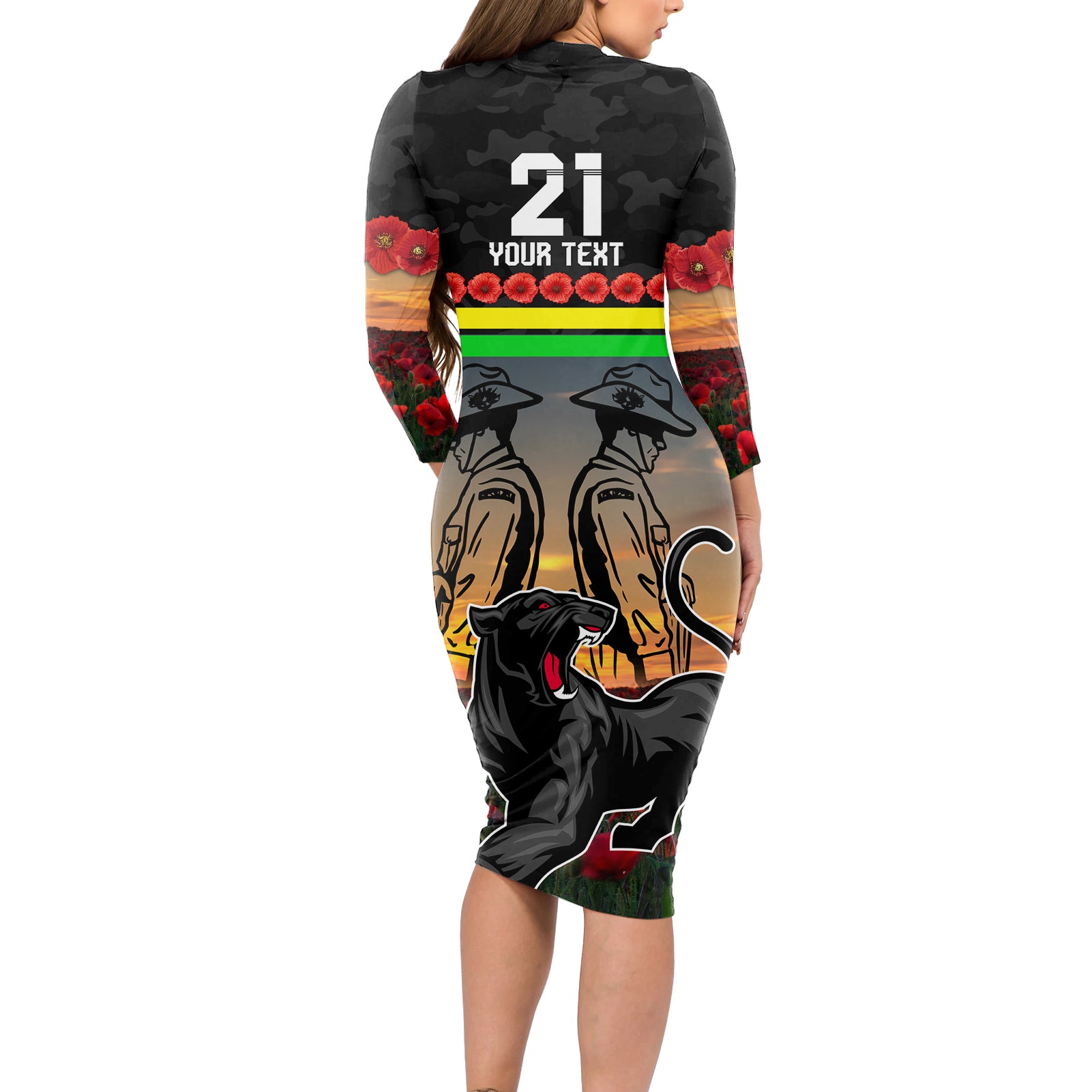 Custom Panthers Rugby ANZAC Day Long Sleeve Bodycon Dress Soldiers Poppy Field 2024