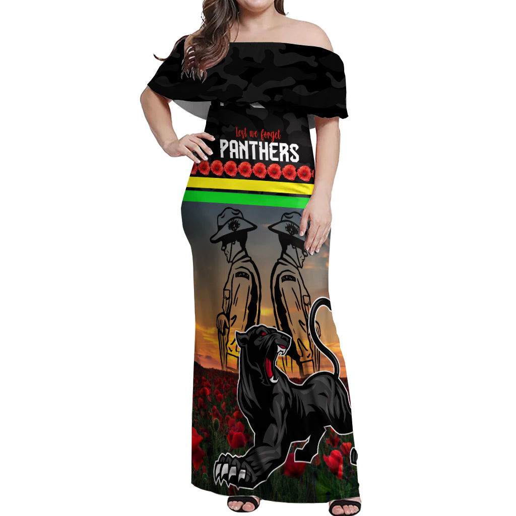 Custom Panthers Rugby ANZAC Day Off Shoulder Maxi Dress Soldiers Poppy Field 2024