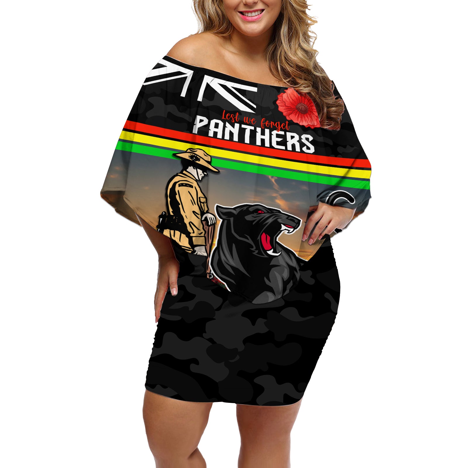 Custom Panthers Rugby ANZAC Day Off Shoulder Short Dress Soldiers Poppy Field 2024