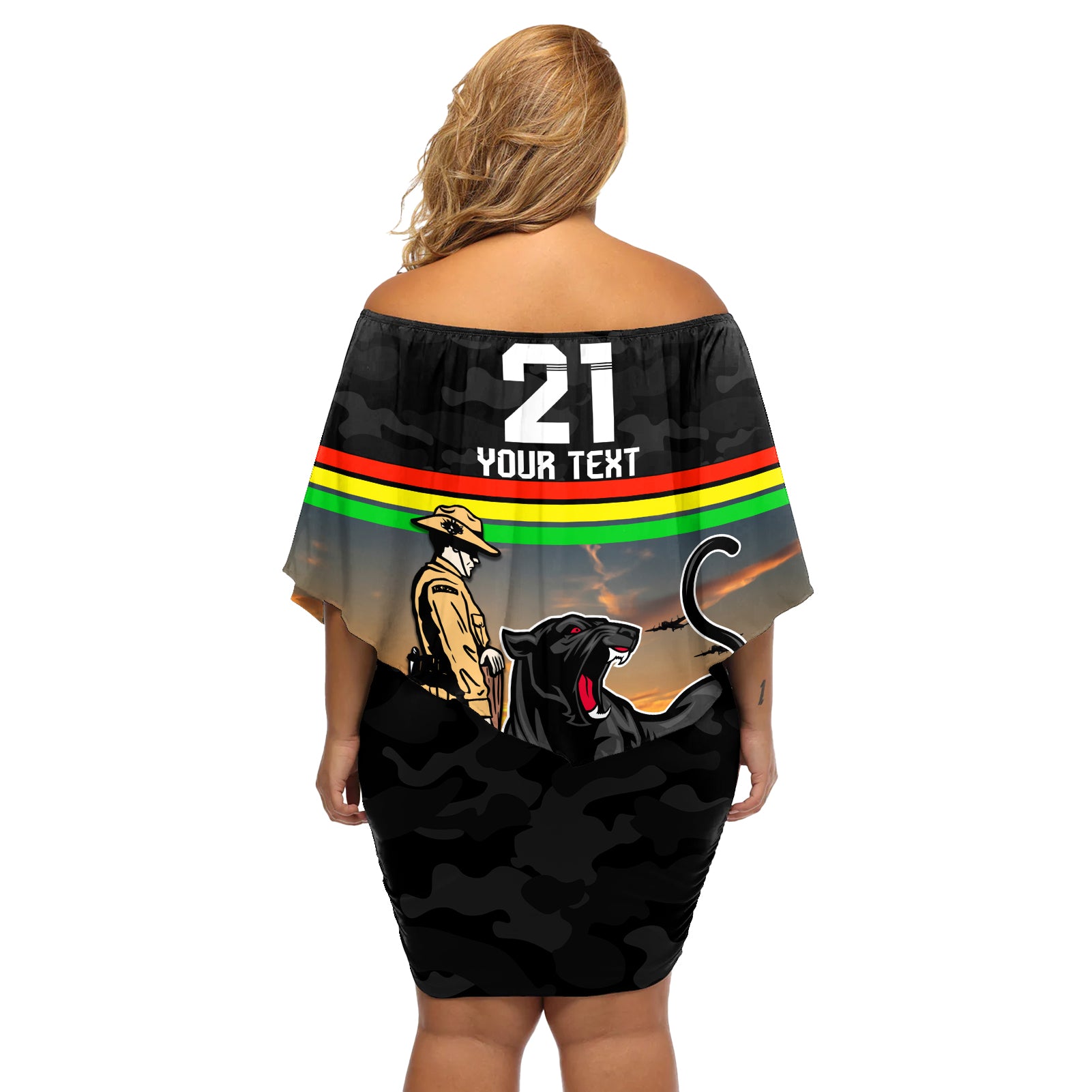 Custom Panthers Rugby ANZAC Day Off Shoulder Short Dress Soldiers Poppy Field 2024