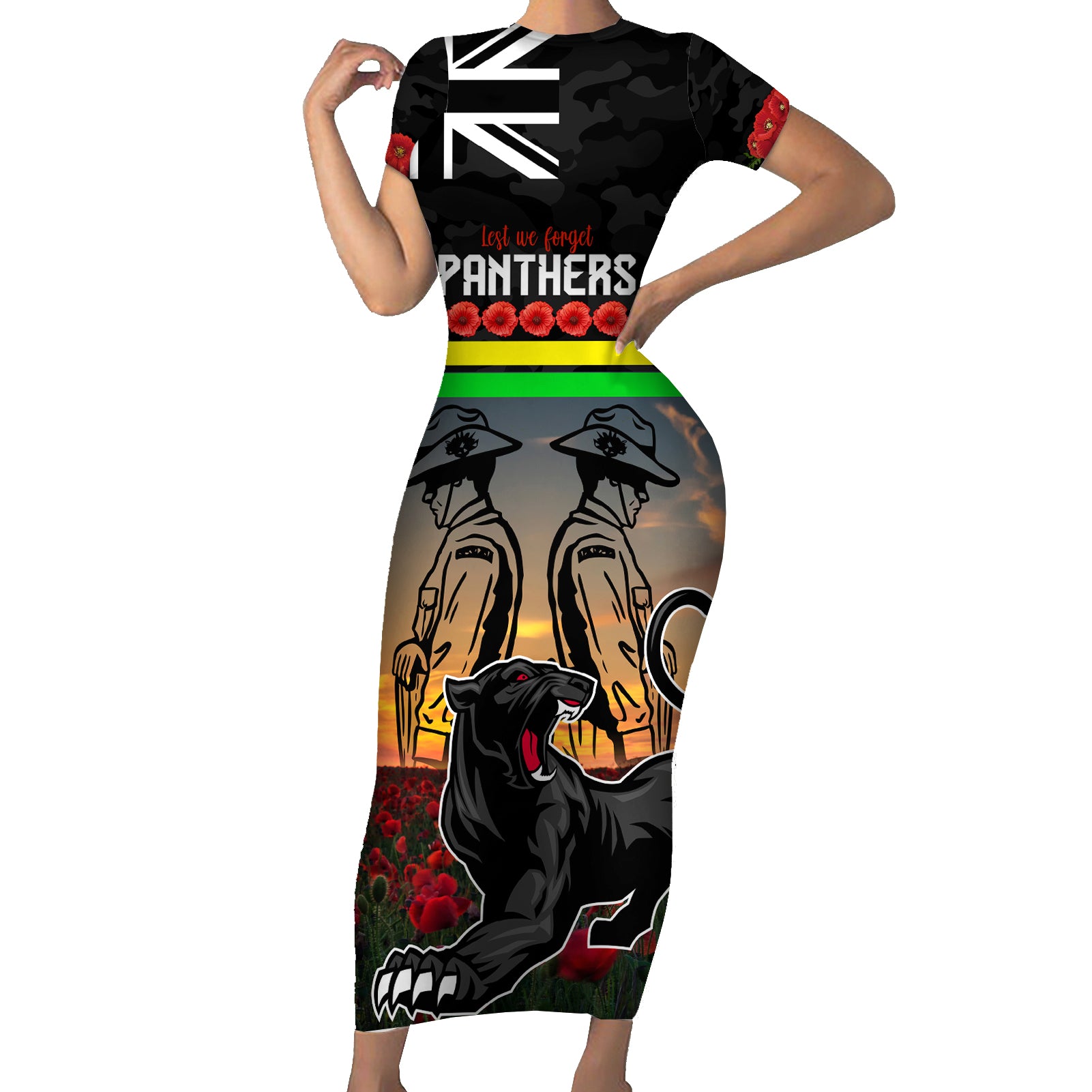 Custom Panthers Rugby ANZAC Day Short Sleeve Bodycon Dress Soldiers Poppy Field 2024