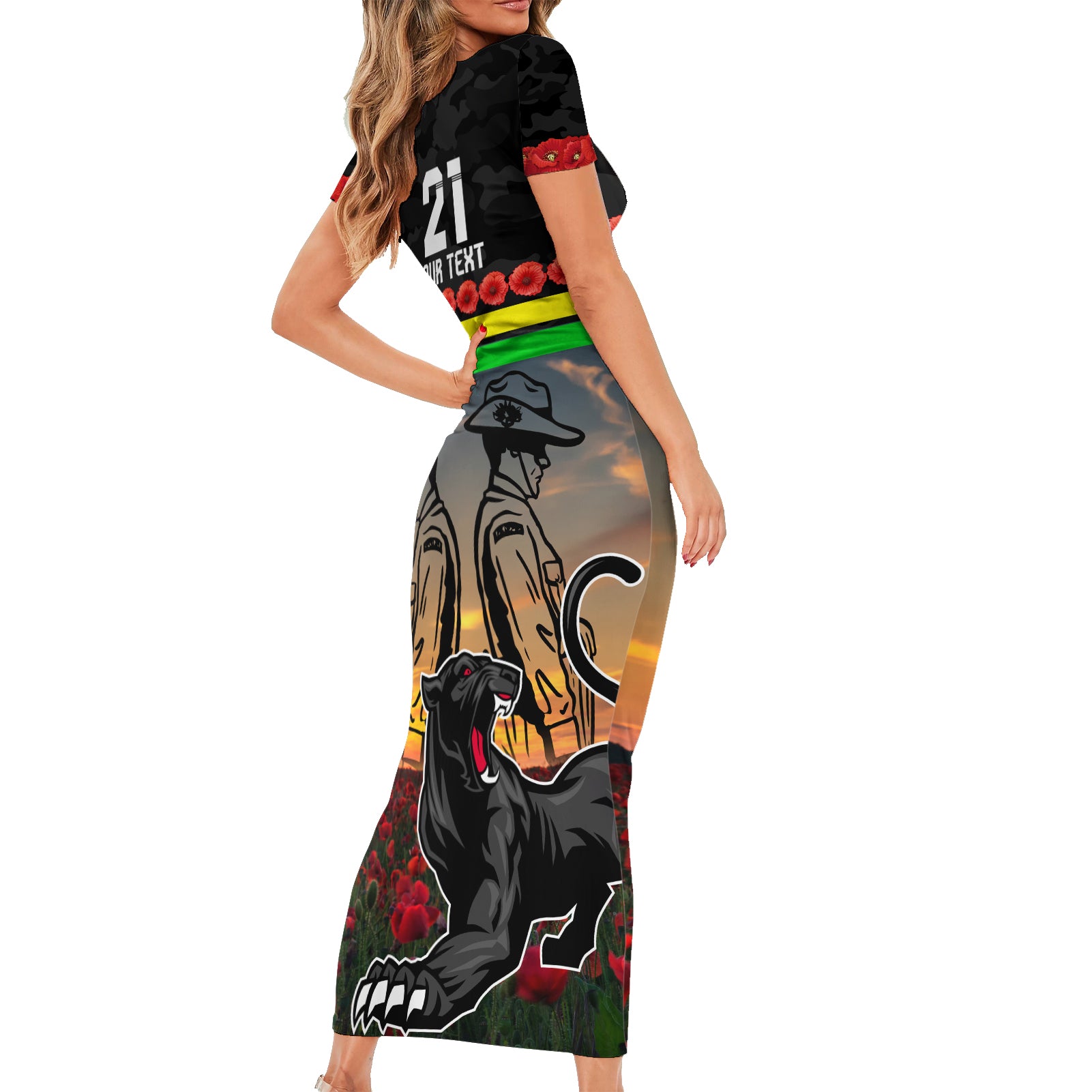 Custom Panthers Rugby ANZAC Day Short Sleeve Bodycon Dress Soldiers Poppy Field 2024