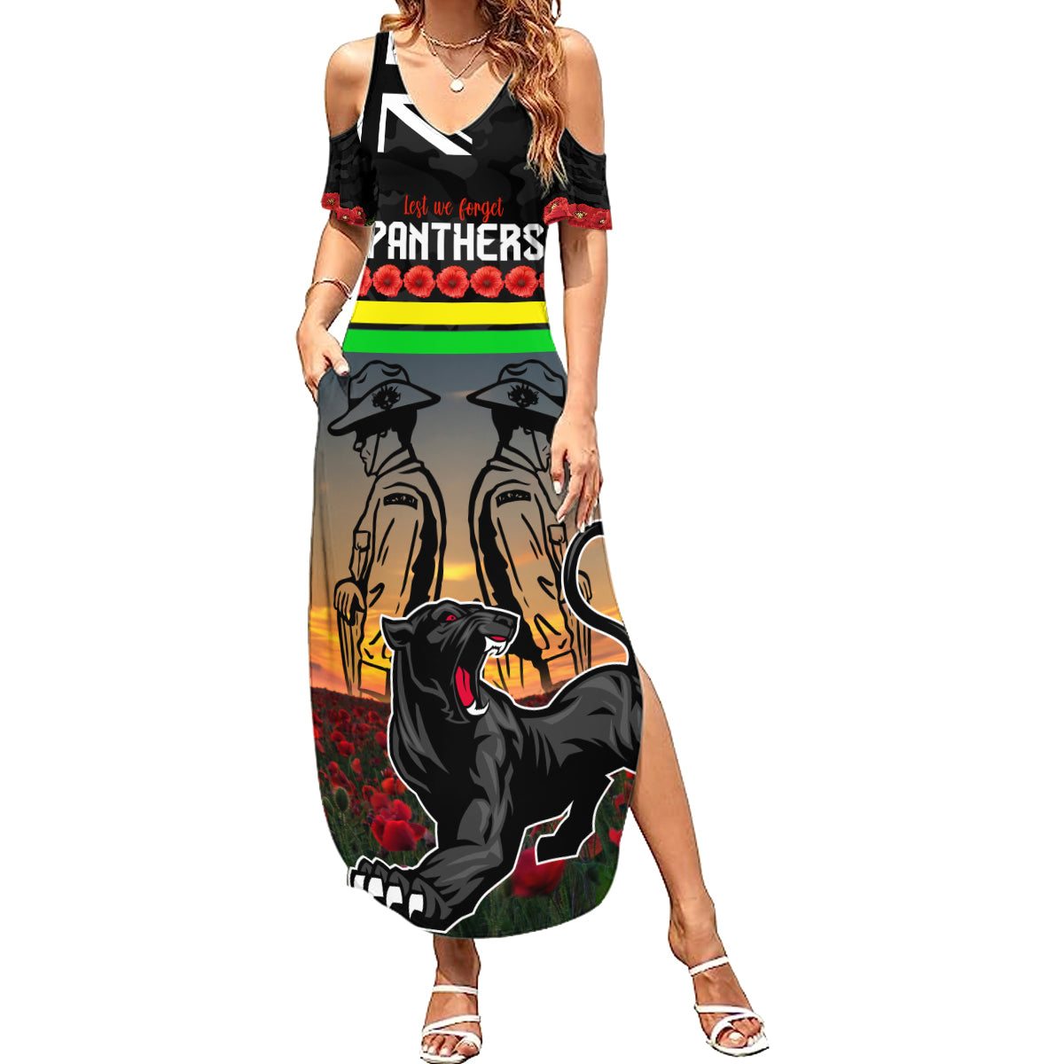 Custom Panthers Rugby ANZAC Day Summer Maxi Dress Soldiers Poppy Field 2024