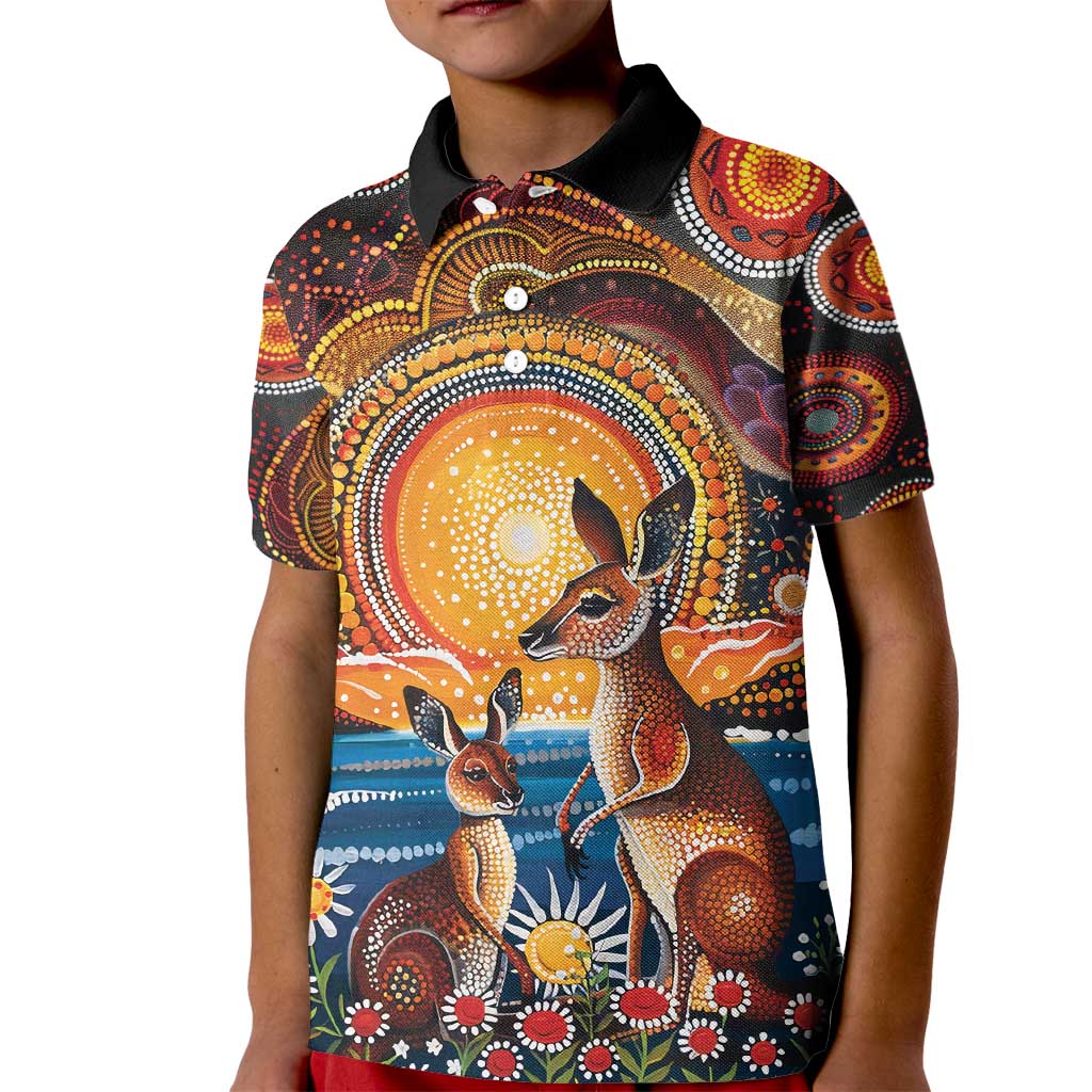 Australian Kangaroos Art Kid Polo Shirt Aboriginal Dot Painting