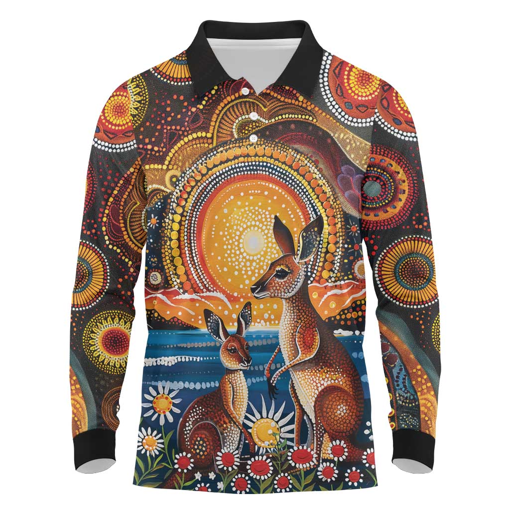 Australian Kangaroos Art Long Sleeve Polo Shirt Aboriginal Dot Painting