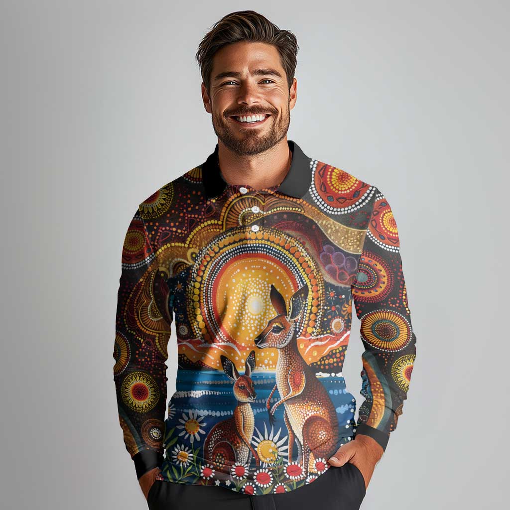 Australian Kangaroos Art Long Sleeve Polo Shirt Aboriginal Dot Painting