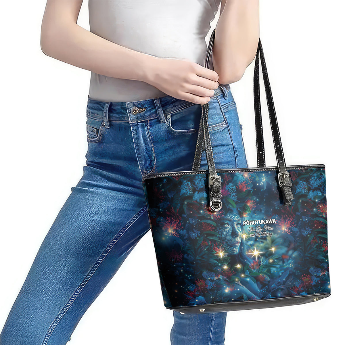 New Zealand Matariki Pohutukawa Leather Tote Bag Te Mauri te Ora