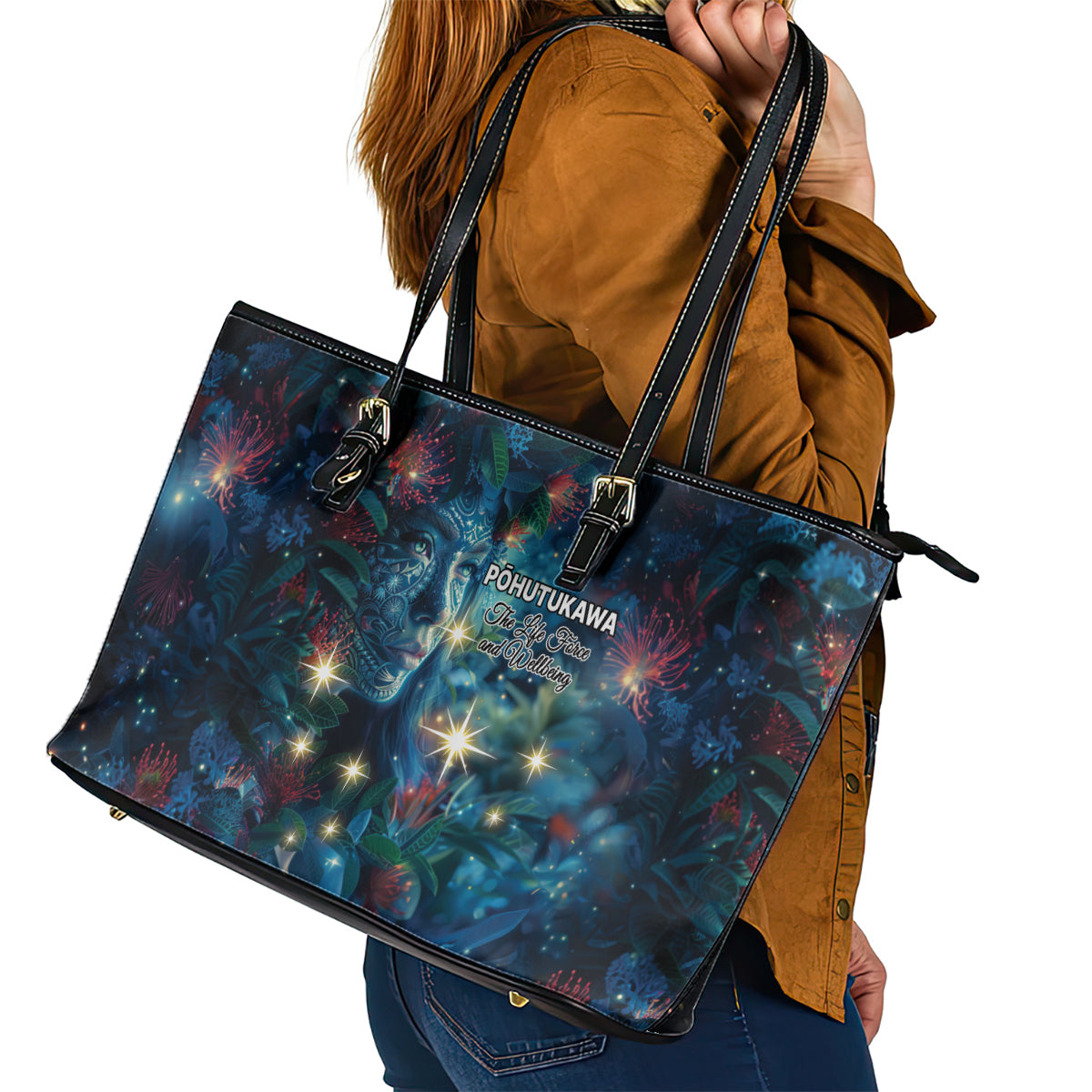 New Zealand Matariki Pohutukawa Leather Tote Bag Te Mauri te Ora