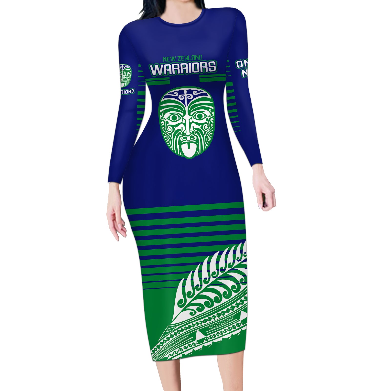 warriors-new-zealand-rugby-long-sleeve-bodycon-dress-maori-face-ta-moko-simple-style