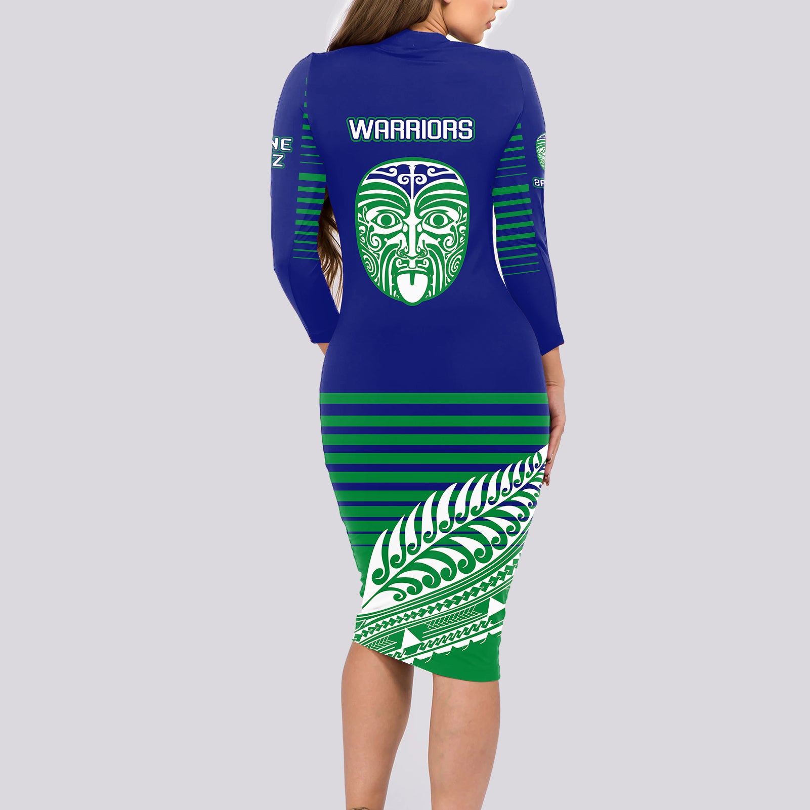 warriors-new-zealand-rugby-long-sleeve-bodycon-dress-maori-face-ta-moko-simple-style