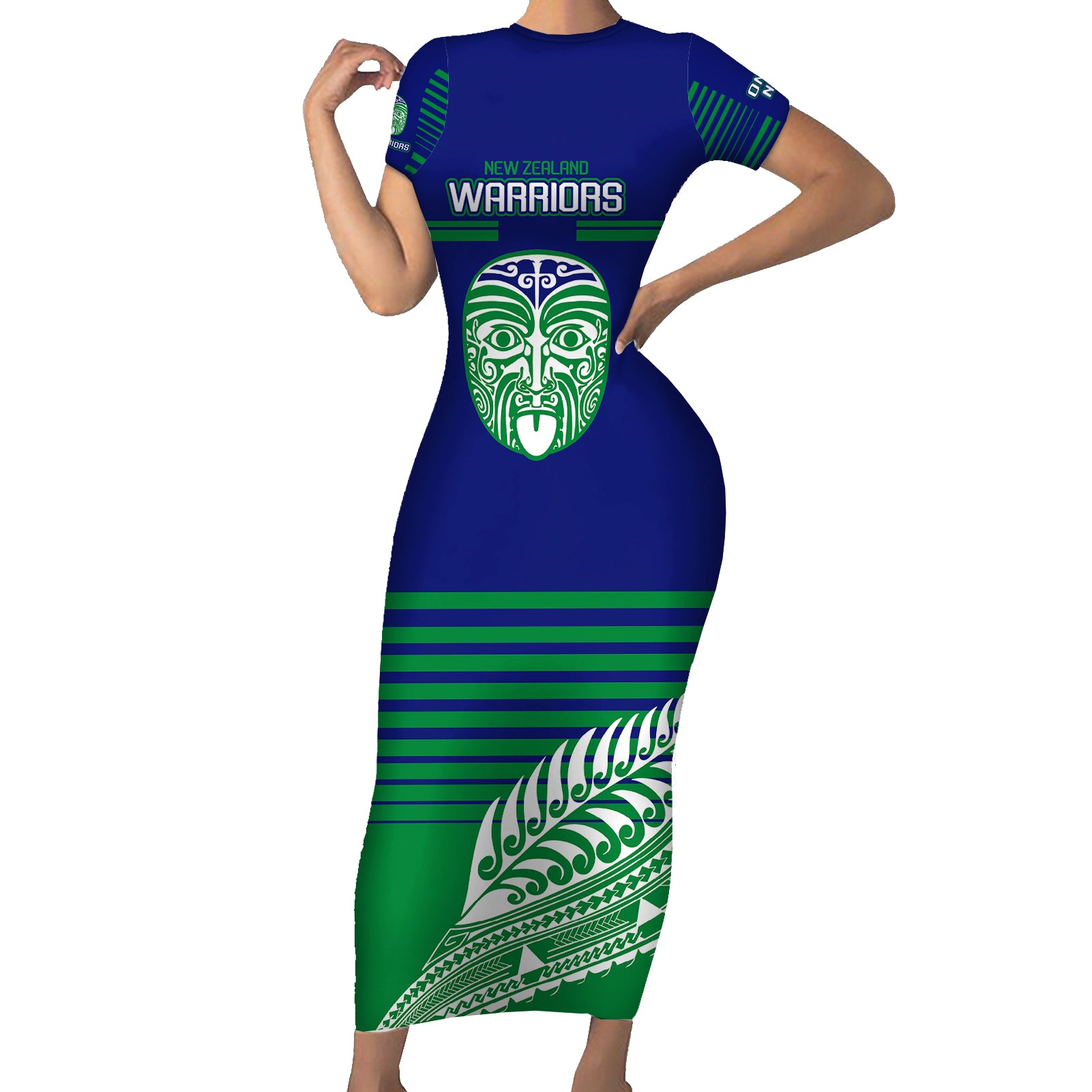 warriors-new-zealand-rugby-short-sleeve-bodycon-dress-maori-face-ta-moko-simple-style