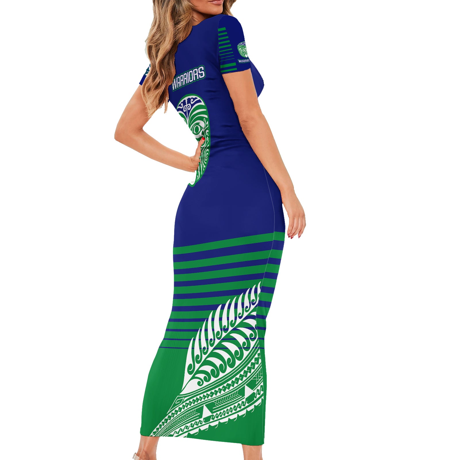 warriors-new-zealand-rugby-short-sleeve-bodycon-dress-maori-face-ta-moko-simple-style