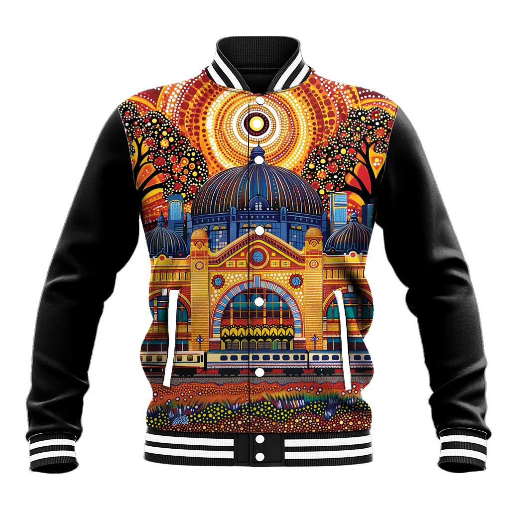 Australian Flinders Street Railway Station Baseball Jacket Aboriginal Dot Painting