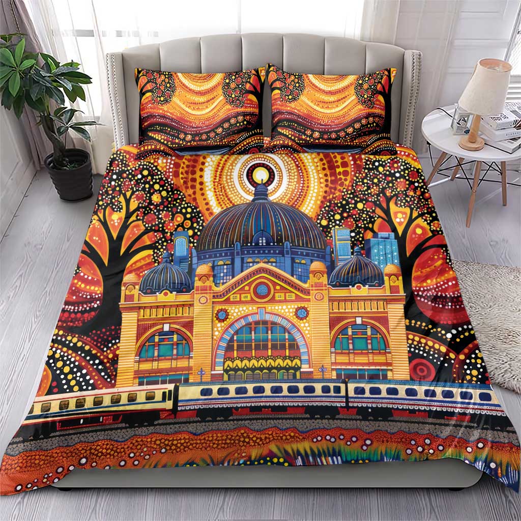 Australian Flinders Street Railway Station Bedding Set Aboriginal Dot Painting