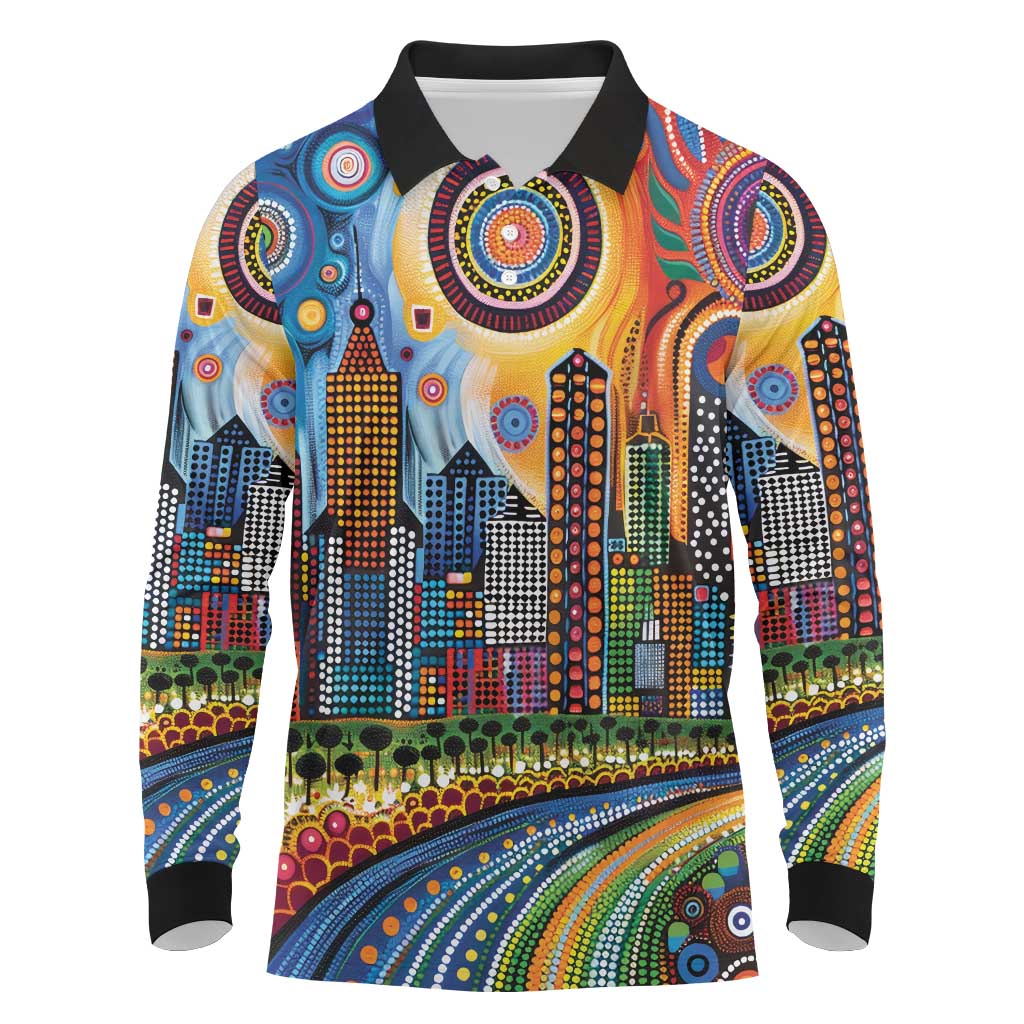 The Gold Coast Queensland Long Sleeve Polo Shirt Australian Landscapes Aboriginal Dot Painting