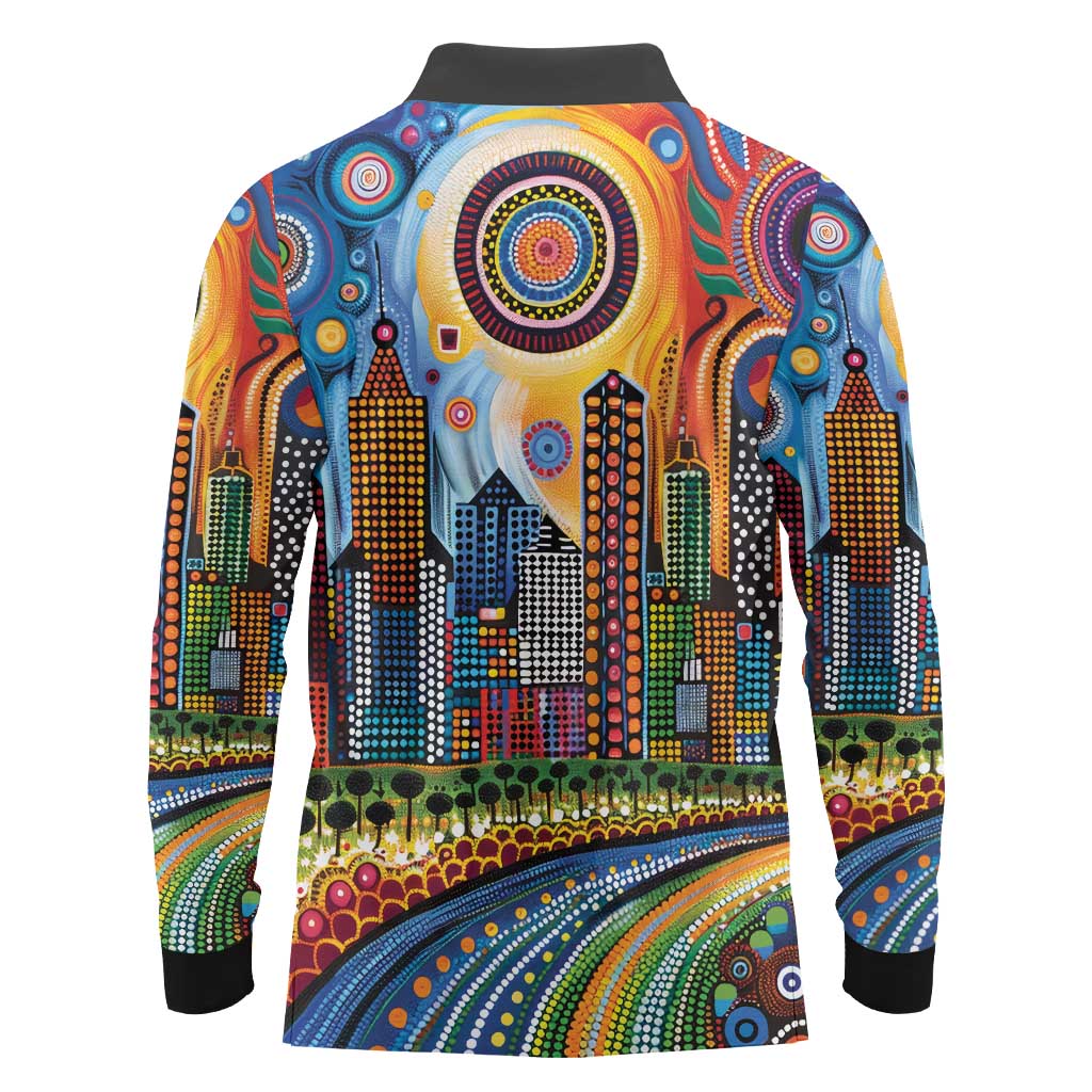 The Gold Coast Queensland Long Sleeve Polo Shirt Australian Landscapes Aboriginal Dot Painting