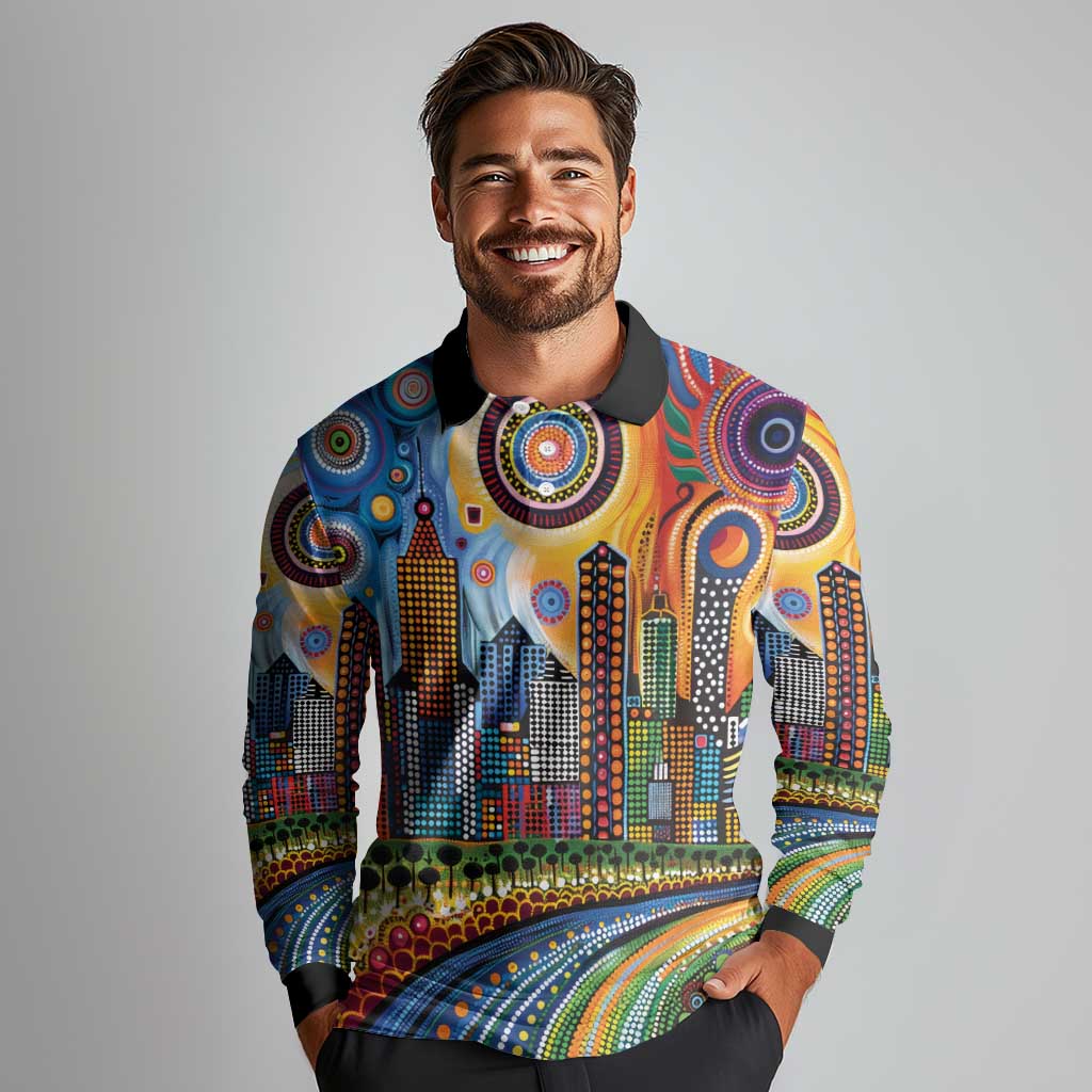 The Gold Coast Queensland Long Sleeve Polo Shirt Australian Landscapes Aboriginal Dot Painting