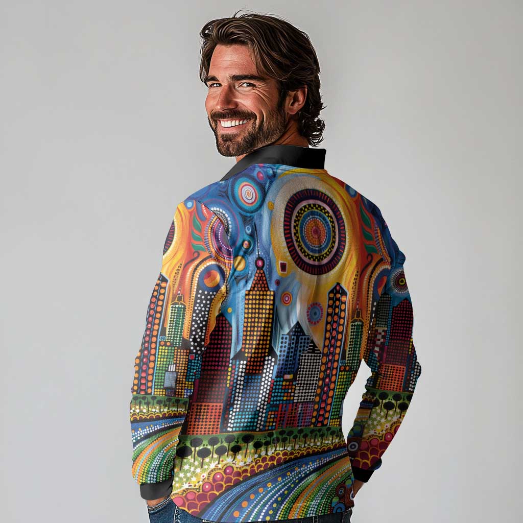 The Gold Coast Queensland Long Sleeve Polo Shirt Australian Landscapes Aboriginal Dot Painting