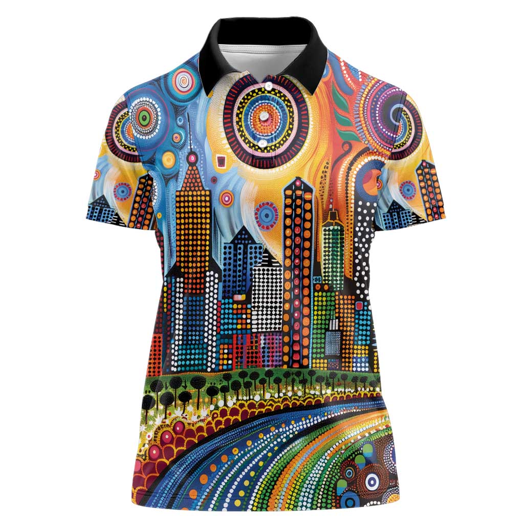 The Gold Coast Queensland Women Polo Shirt Australian Landscapes Aboriginal Dot Painting