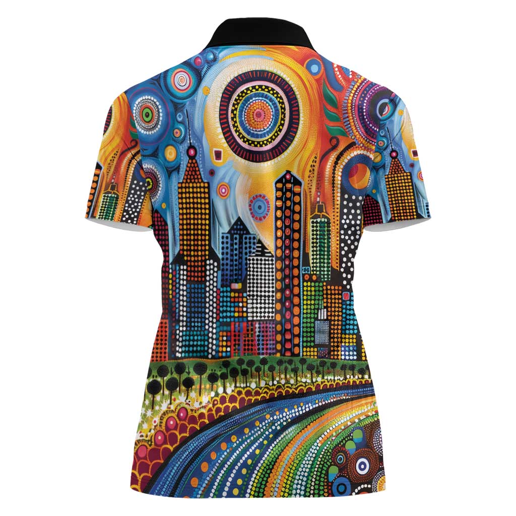 The Gold Coast Queensland Women Polo Shirt Australian Landscapes Aboriginal Dot Painting