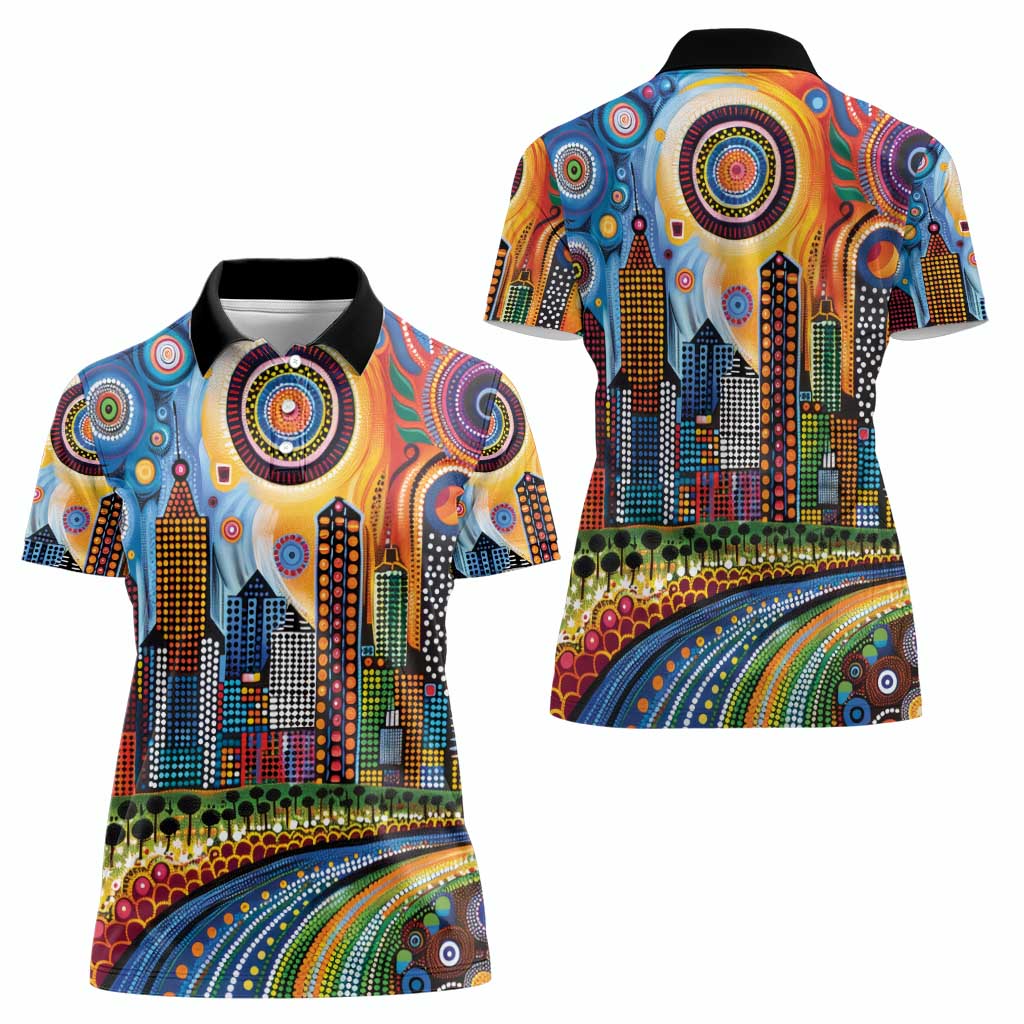 The Gold Coast Queensland Women Polo Shirt Australian Landscapes Aboriginal Dot Painting