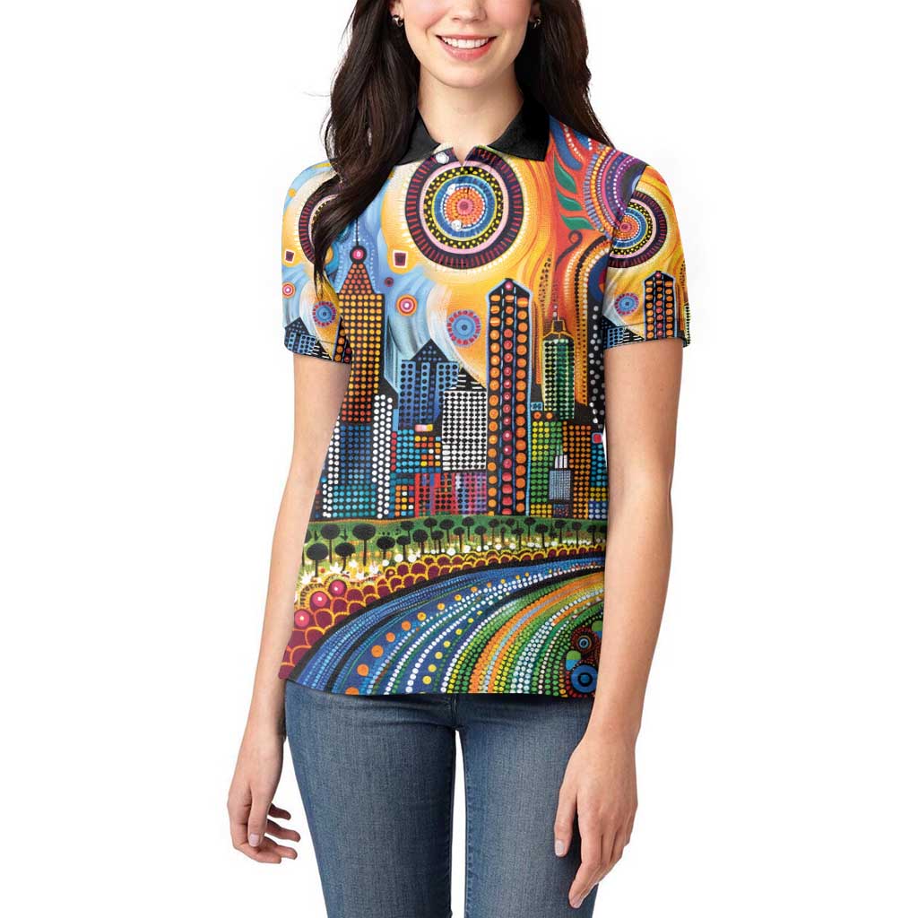 The Gold Coast Queensland Women Polo Shirt Australian Landscapes Aboriginal Dot Painting