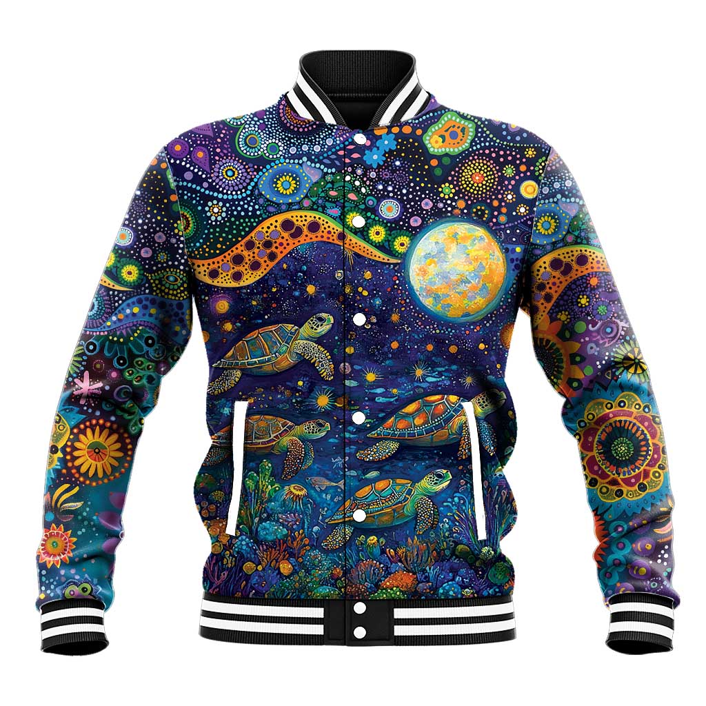 Underwater Turtles Starry Night Sky Baseball Jacket Aboriginal Dot Painting Full Moon Coral Landscape