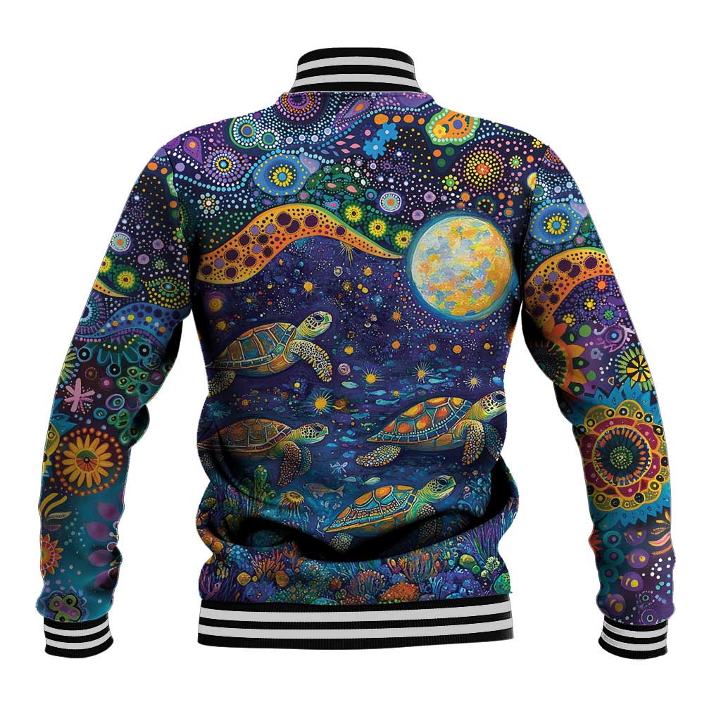 Underwater Turtles Starry Night Sky Baseball Jacket Aboriginal Dot Painting Full Moon Coral Landscape