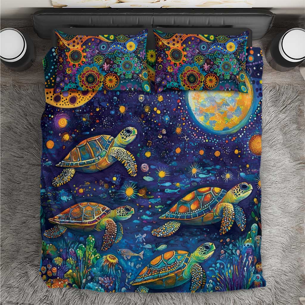 Underwater Turtles Starry Night Sky Bedding Set Aboriginal Dot Painting Full Moon Coral Landscape