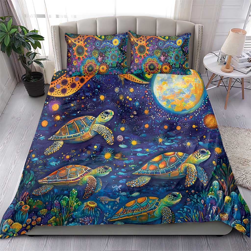 Underwater Turtles Starry Night Sky Bedding Set Aboriginal Dot Painting Full Moon Coral Landscape