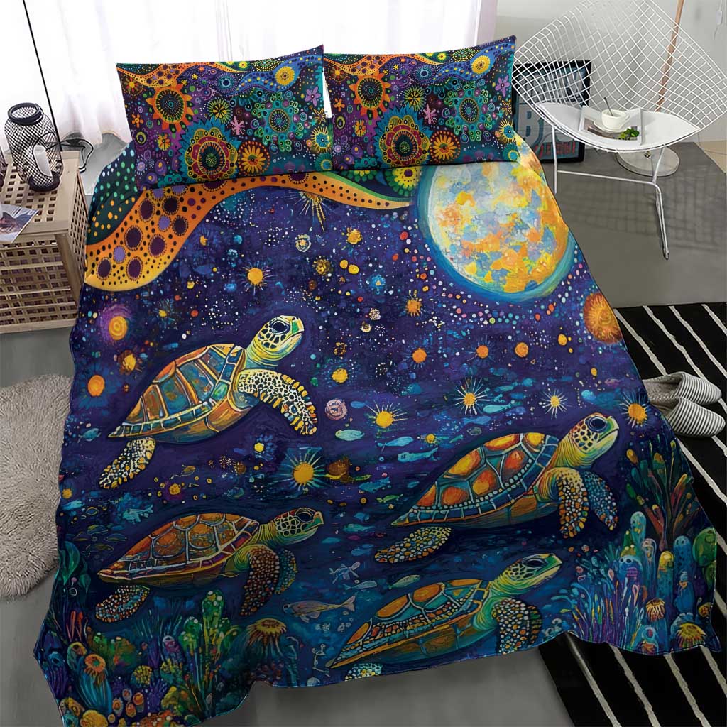 Underwater Turtles Starry Night Sky Bedding Set Aboriginal Dot Painting Full Moon Coral Landscape