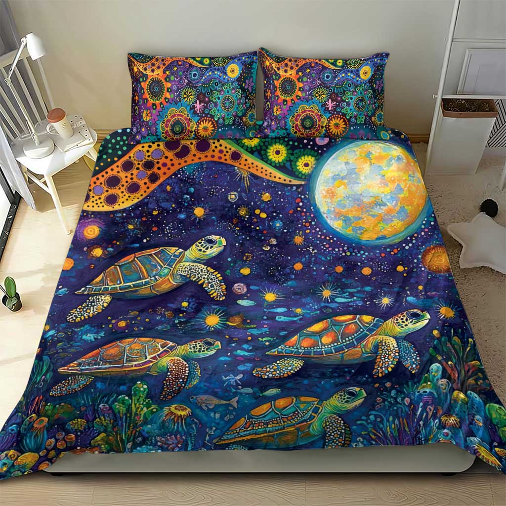 Underwater Turtles Starry Night Sky Bedding Set Aboriginal Dot Painting Full Moon Coral Landscape