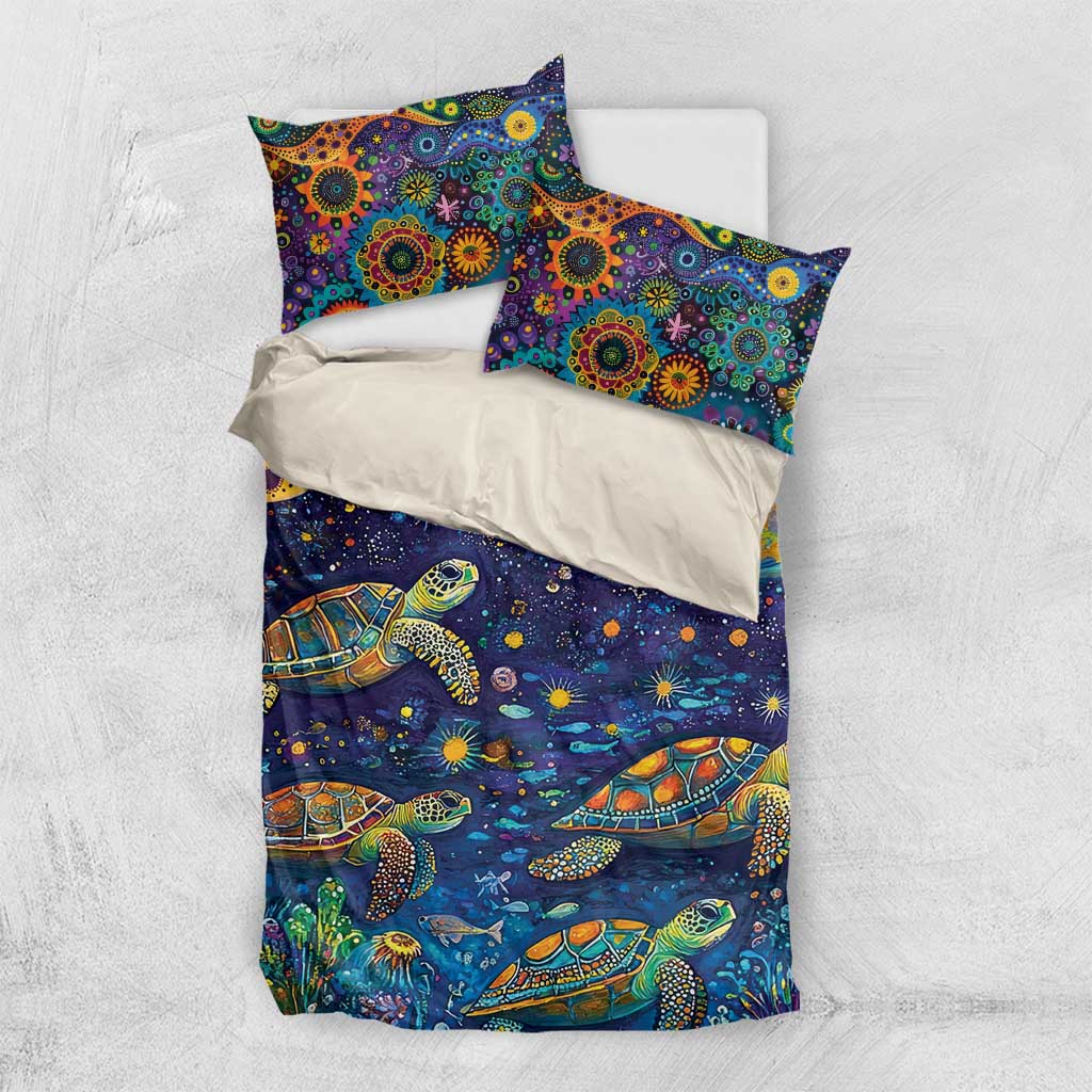 Underwater Turtles Starry Night Sky Bedding Set Aboriginal Dot Painting Full Moon Coral Landscape