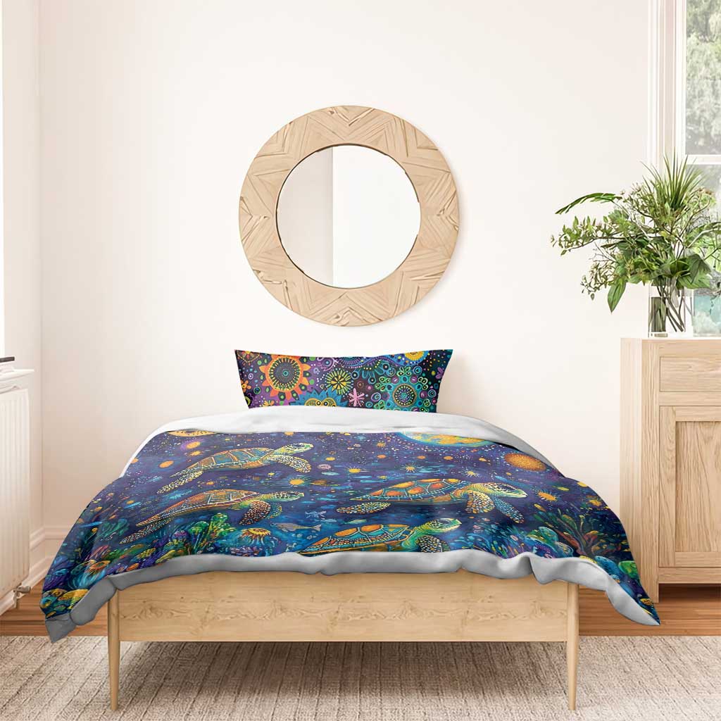 Underwater Turtles Starry Night Sky Bedding Set Aboriginal Dot Painting Full Moon Coral Landscape