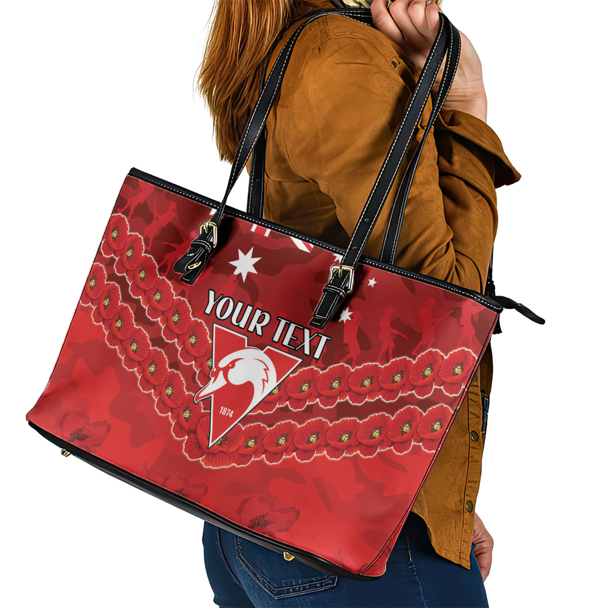 Custom Swans Football Leather Tote Bag ANZAC Lest We Forget