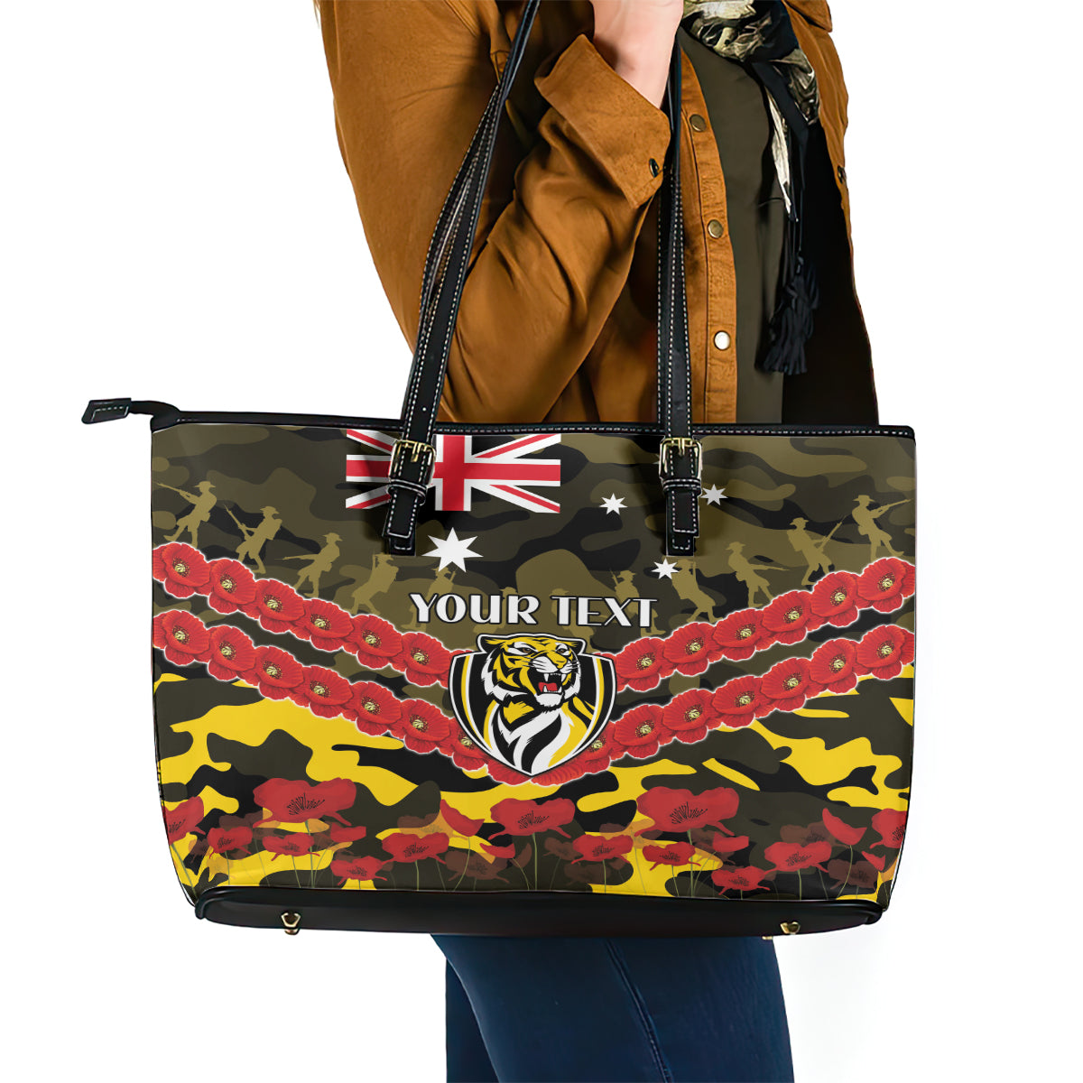 Custom Richmond Tigers Football Leather Tote Bag ANZAC Lest We Forget