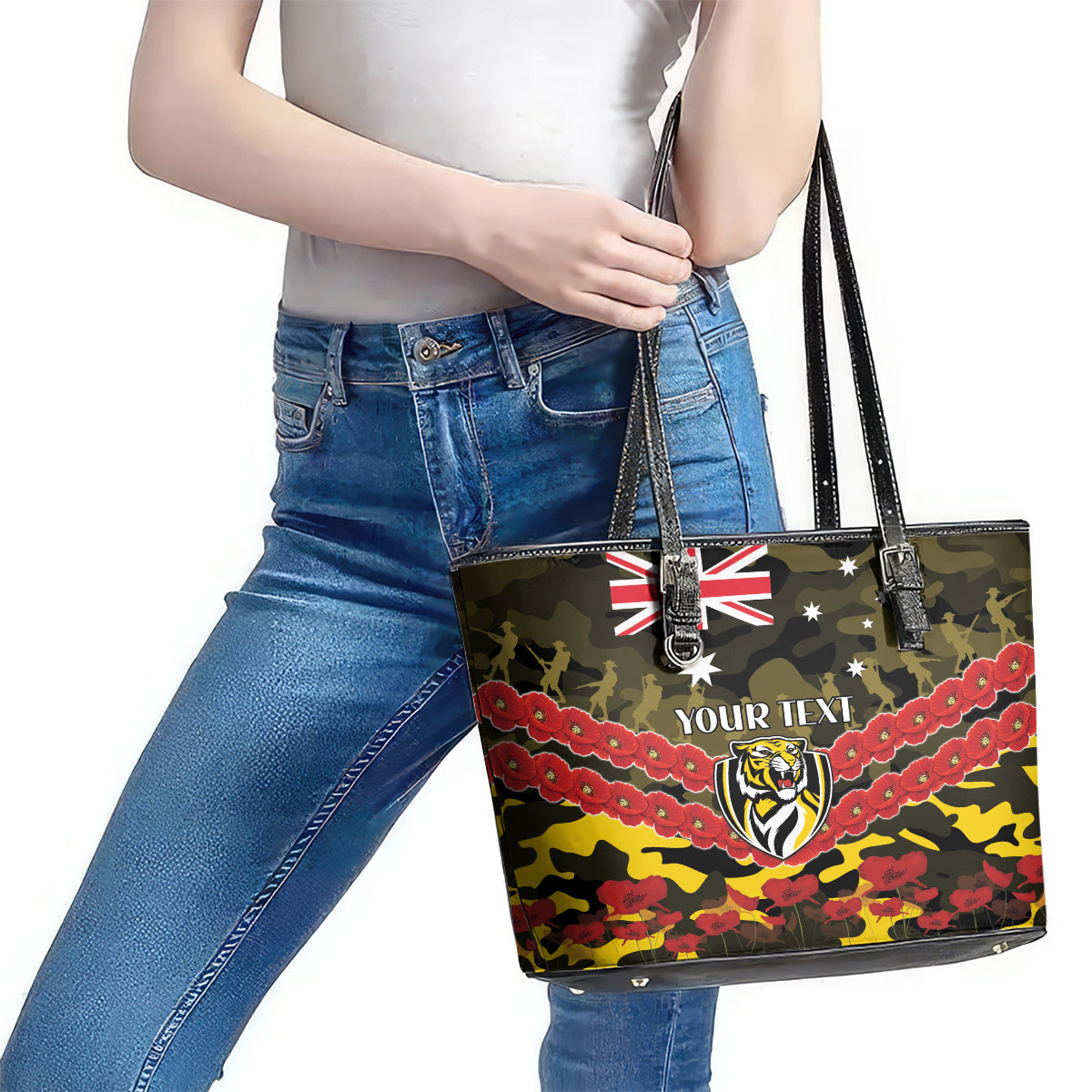 Custom Richmond Tigers Football Leather Tote Bag ANZAC Lest We Forget