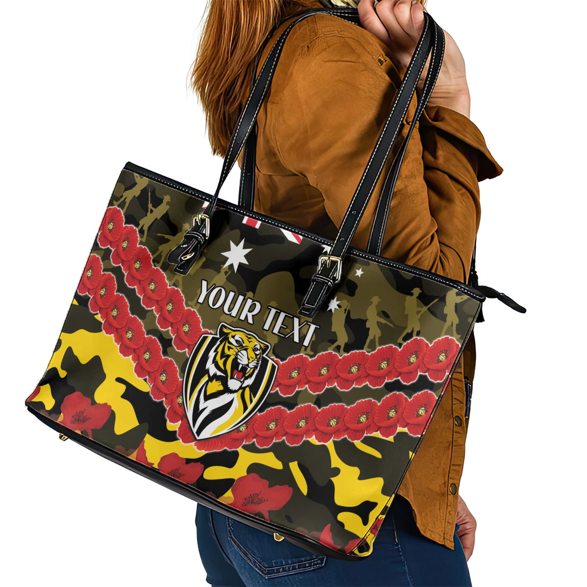 Custom Richmond Tigers Football Leather Tote Bag ANZAC Lest We Forget