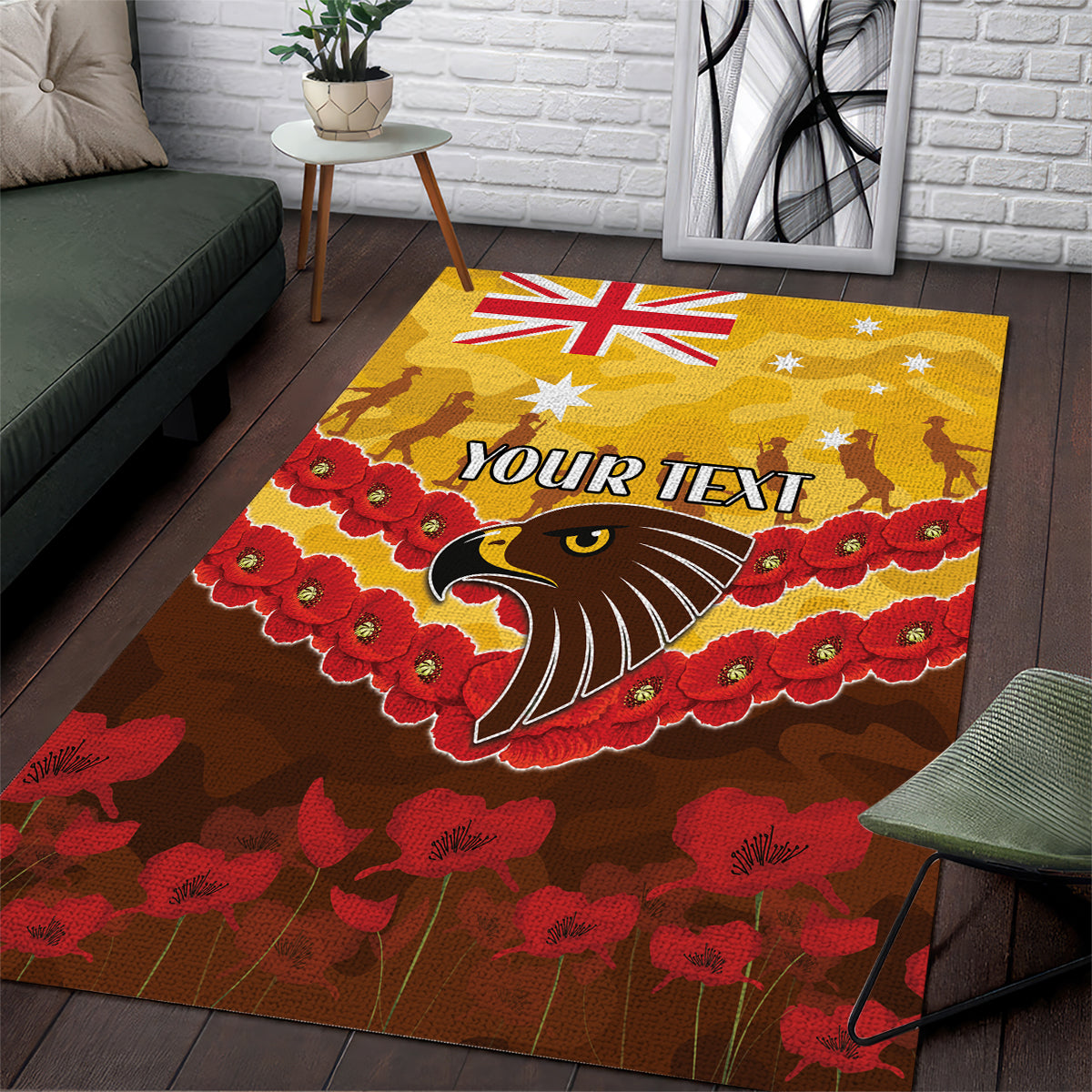 Custom Hawks Football Area Rug ANZAC Lest We Forget