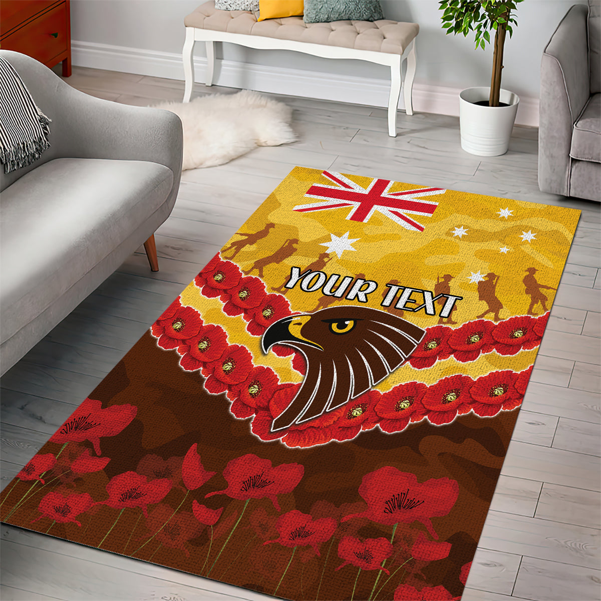 Custom Hawks Football Area Rug ANZAC Lest We Forget