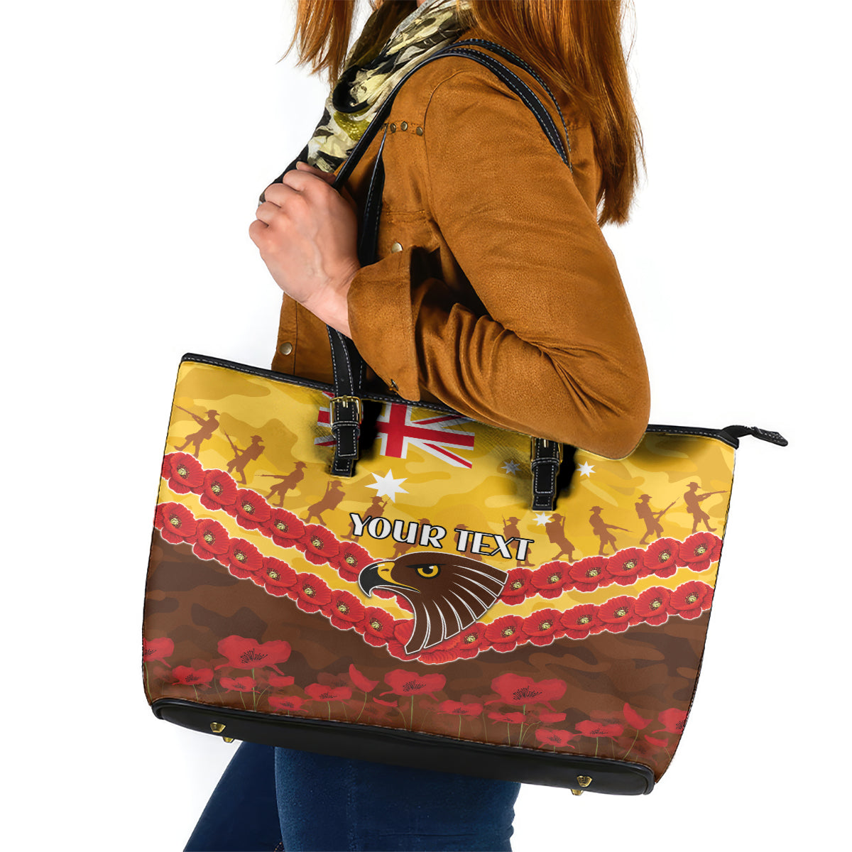 Custom Hawks Football Leather Tote Bag ANZAC Lest We Forget