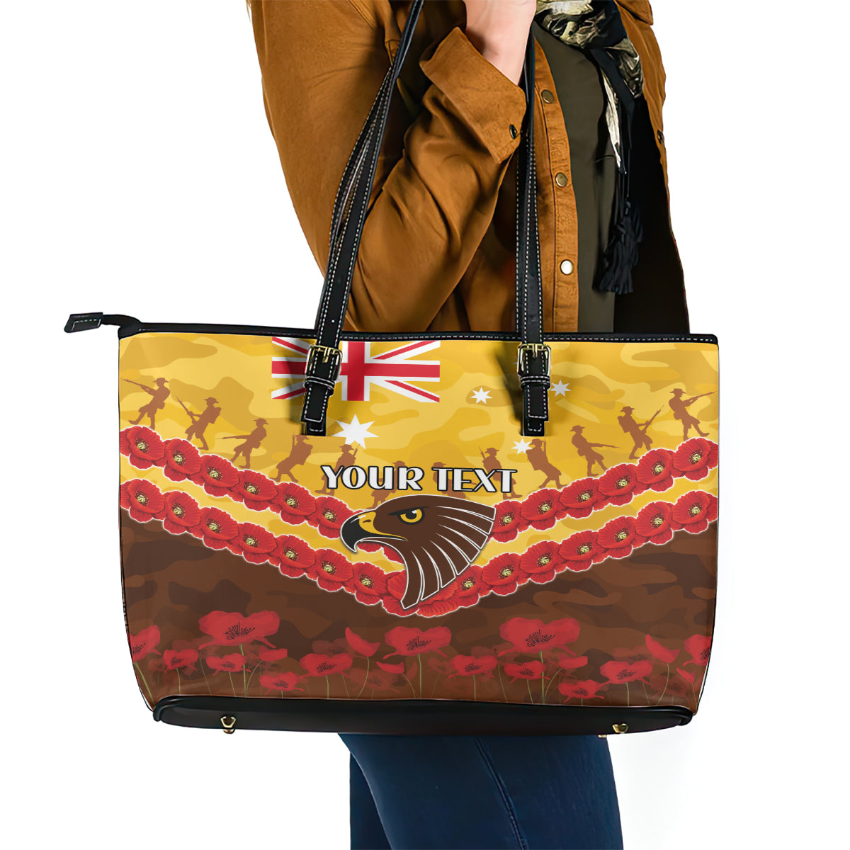 Custom Hawks Football Leather Tote Bag ANZAC Lest We Forget