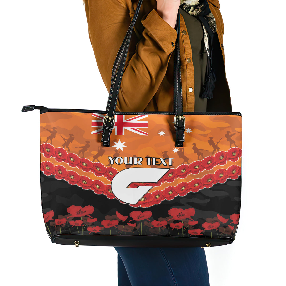 Custom Giants Football Leather Tote Bag ANZAC Lest We Forget