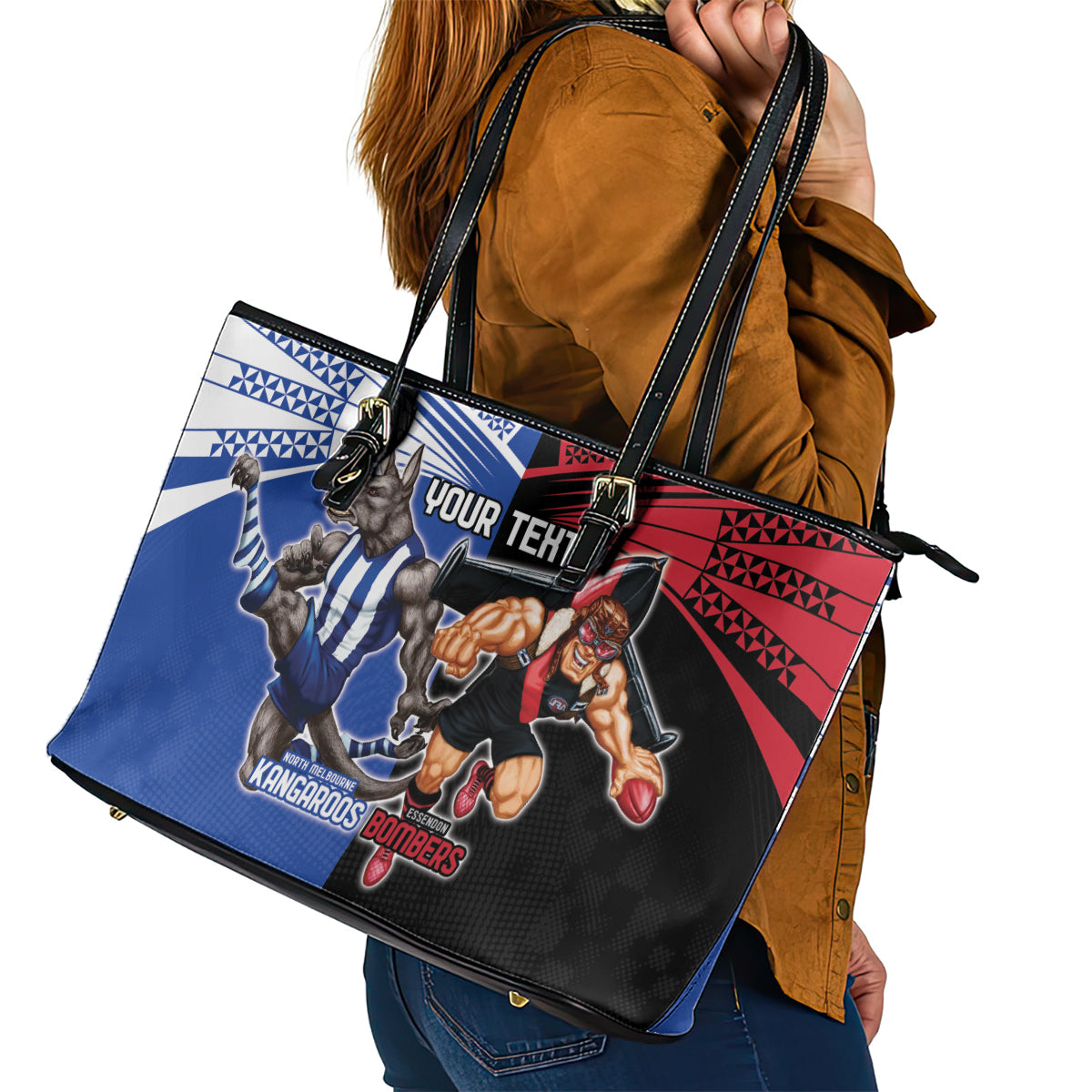 Custom Kangaroos and Bombers Leather Tote Bag Together Sporty Style